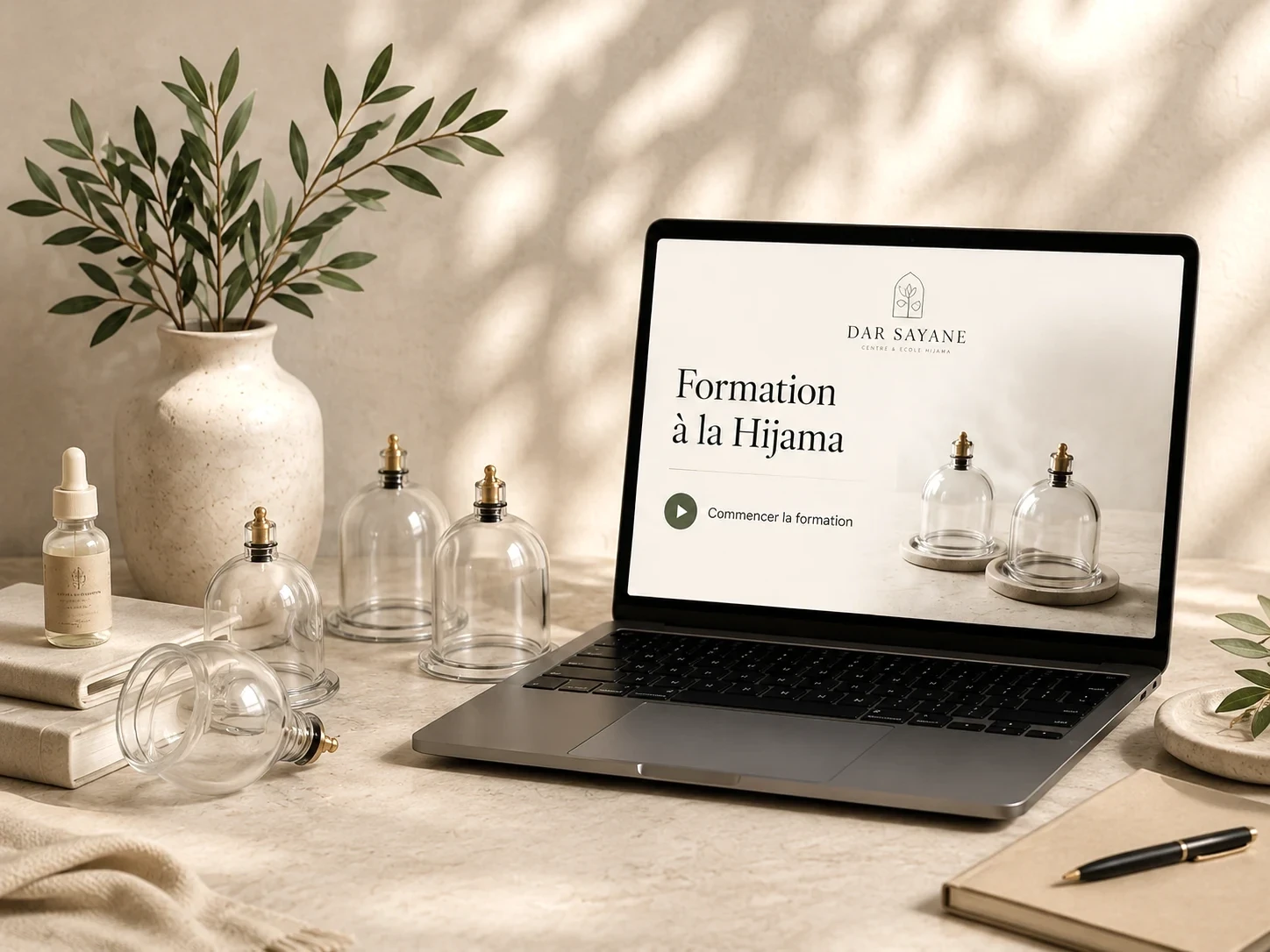Plateau de formation Dar Sayane avec ventouses hijama et ordinateur