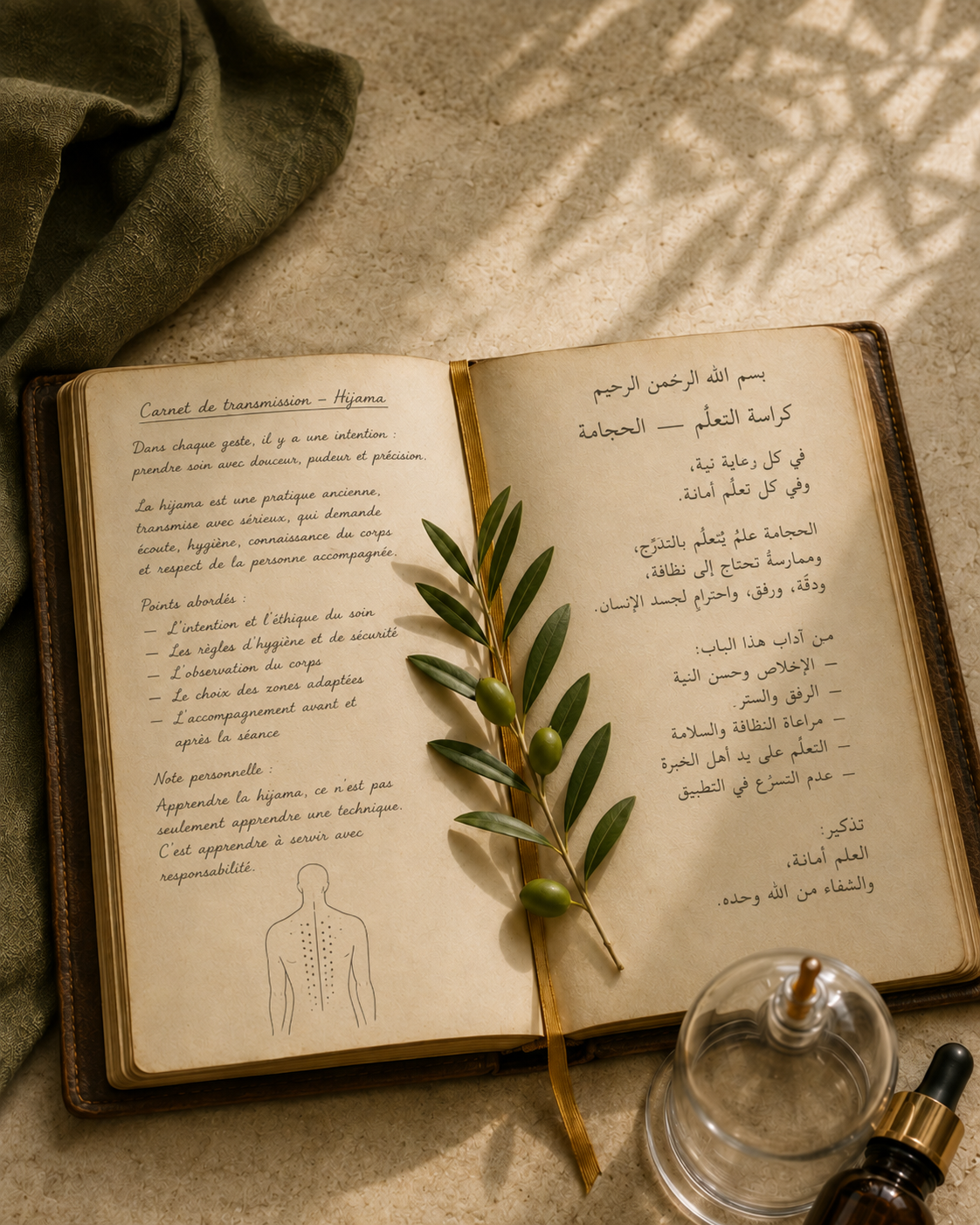 Carnet de transmission Dar Sayane — texte français, écriture arabe et branche d'olivier sur travertin